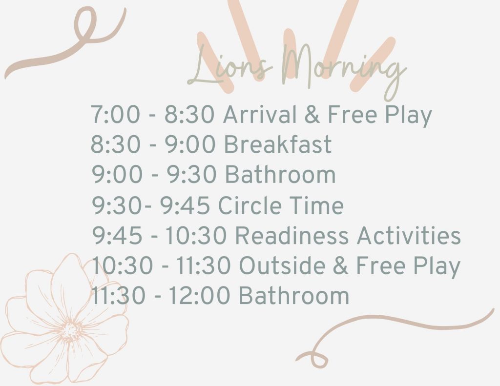 Lions Morning: 7 to 8:30 is arrival and free play, 8:30 to 9 is breakfast, 9 to 9:30 is bathroom, 9:30 to 9:45 is circle time, 9:45 to 10:30 is readiness activities, 10:30 to 11:30 is outside and free play, 11:30 to noon is bathroom