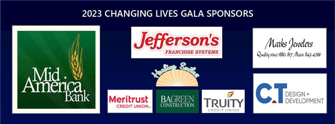 2023 changing lives gala sponsors include mid america bank, jeffersons, marks jewelers, ct design, truity, meritrust, and ba green construction